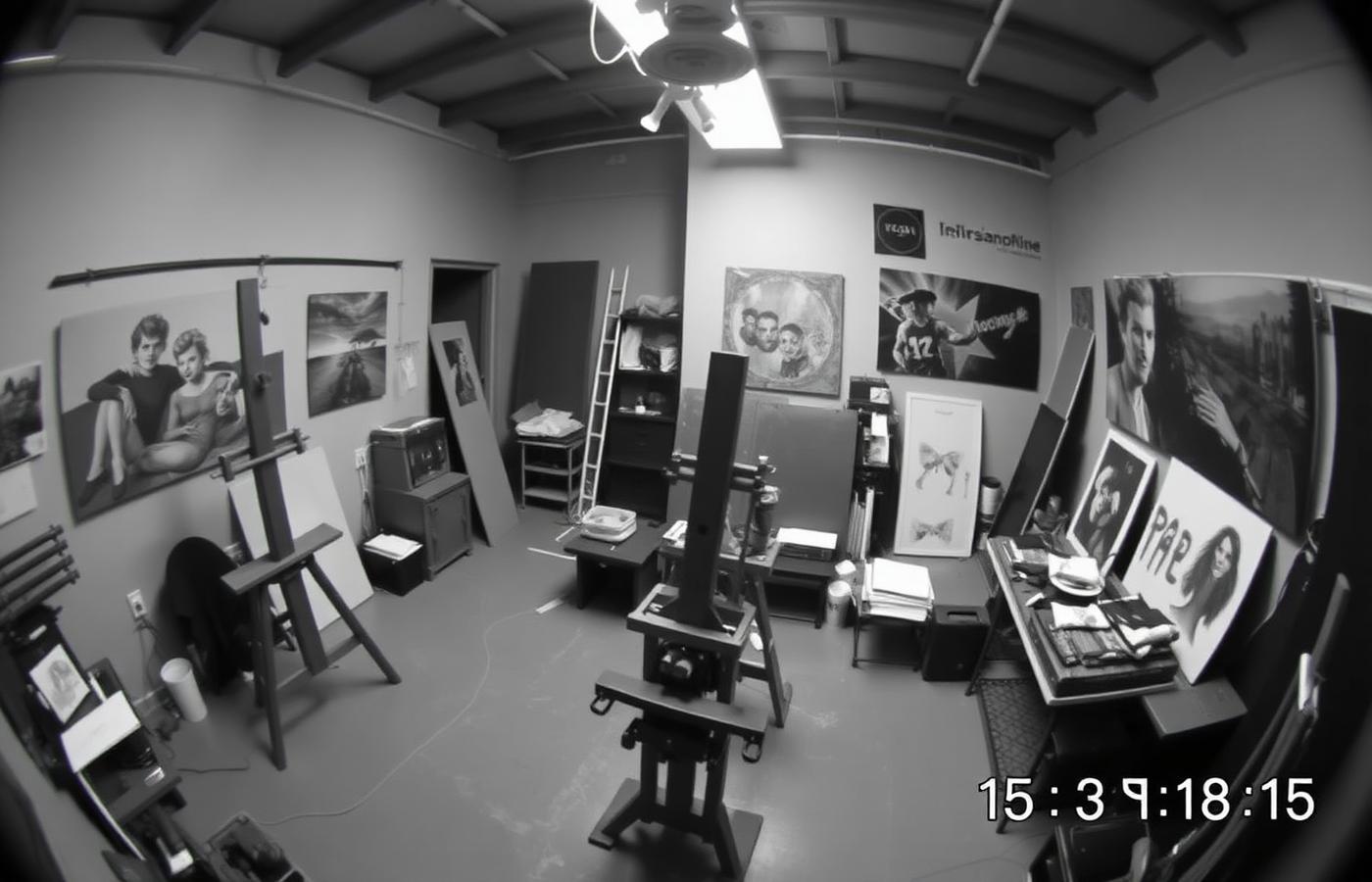 Security camera view of Rob Stone painting in his studio